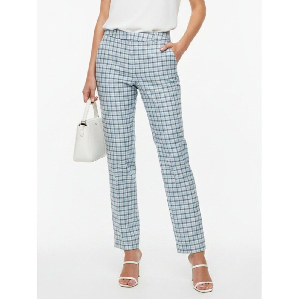 Ann Taylor 100% Silk Blue Plaid Gingham Straight Leg Pants 4